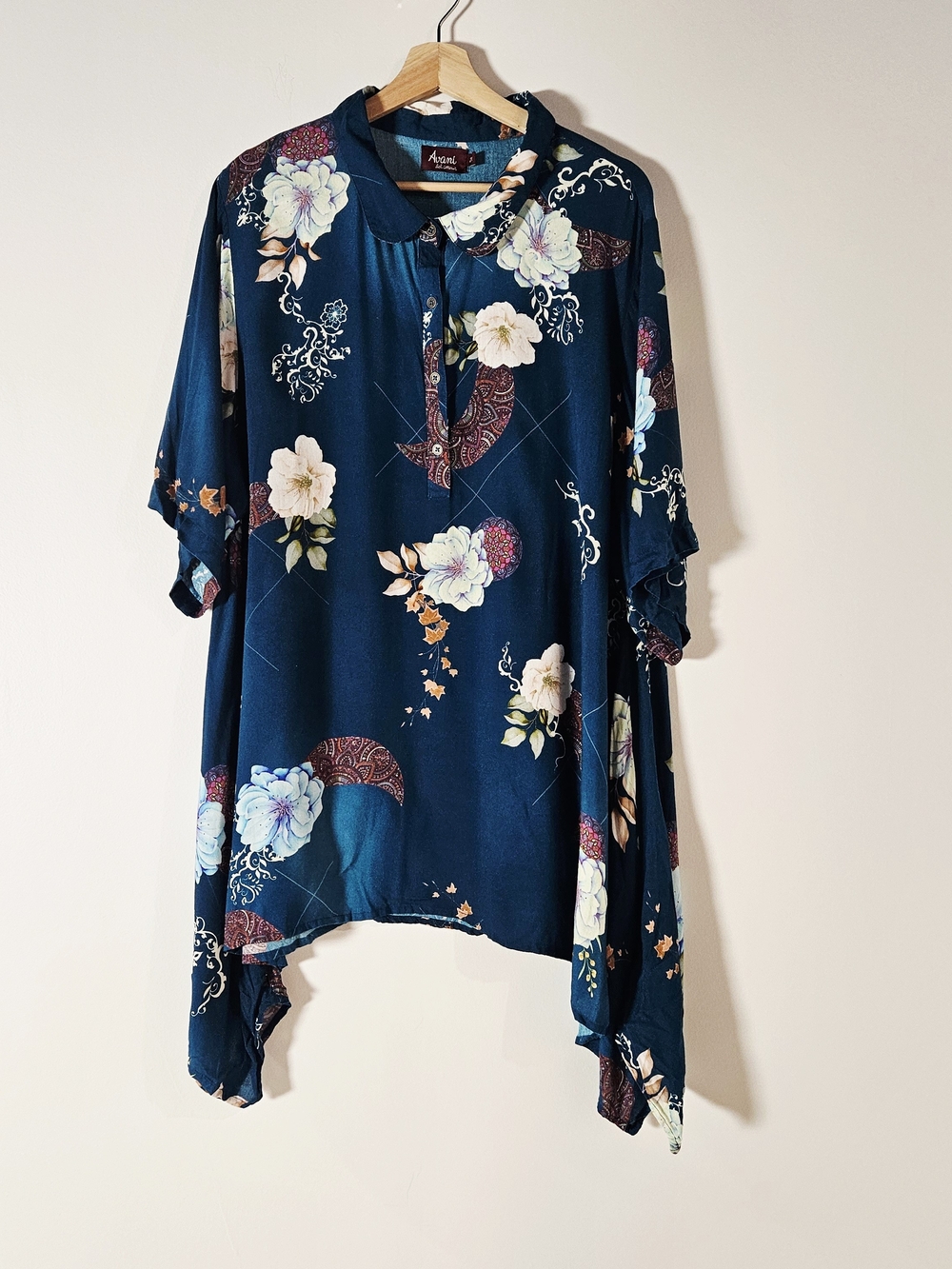 Avani 2X Boho Floral Tunic Blouse Teal whimsigoth Lagenlook Handkerchif Hem Top